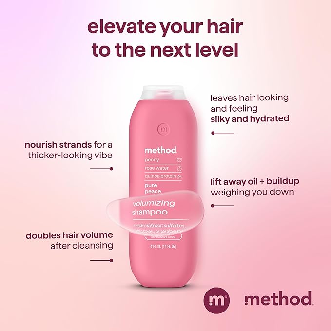 Method Volumizing Shampoo, Pure Peace with Rose, Peony, and Pink Sea Salt Scent Notes, Paraben and Sulfate Free, 14 oz (Pack of 1) - Bloomnest