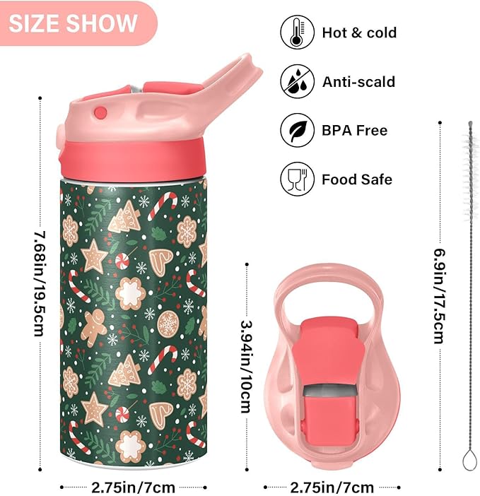 Christmas Gingerbread Snowflakes Kids Insulated Water Bottle, Toddlers Tumbler Travel Cup with Straw & Handle Stainless Steel Cup for Travel School Girls 12 oz - Bloomnest