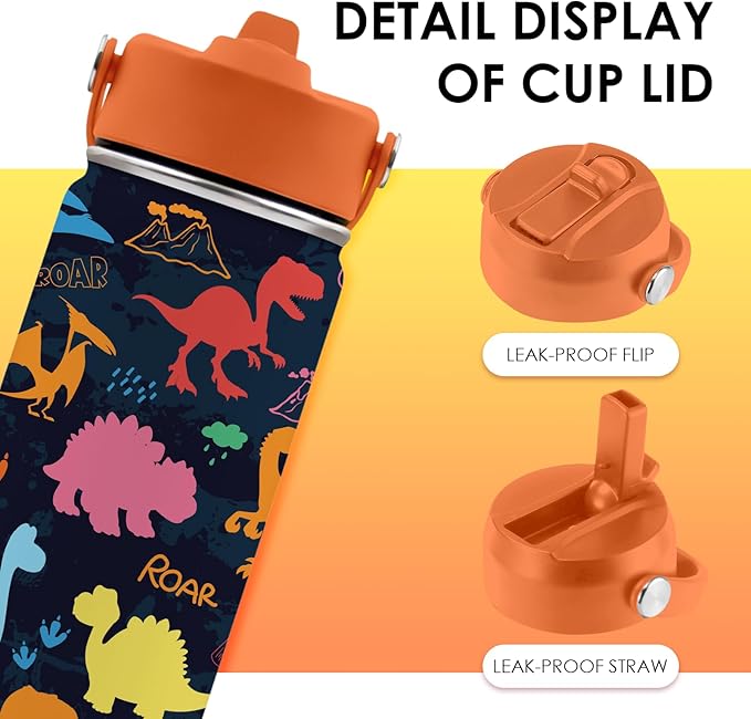 Dinosaur Gifts for Kids - 16oz Colorful Dino Water Bottle with Straw Lid, Stainless Steel Insulated Tumbler, Leakproof, BPA-Free, for Boys & Girls, School, Travel - Dino Lovers Birthday Gift Cup (1pc) - Bloomnest