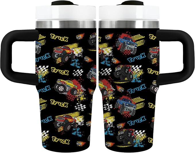 Monster Truck Tumbler Gifts for Boys - 14 oz Kids Tumbler with Handle & Lid, Stainless Steel Insulated Travel Mug, Featuring Monster Truck Designs, for School, Travel, Children's Birthday Gift (1pc) - Bloomnest