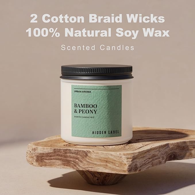 Hidden Label Bamboo Peony Scented Candle, 12oz 2 Wick Natural Soy Non Toxic Candles, Clean Burning Long Lasting Aromatherapy for Home | Gifts | Décor,Premium Scents for Relaxation & Stress Relief - Bloomnest