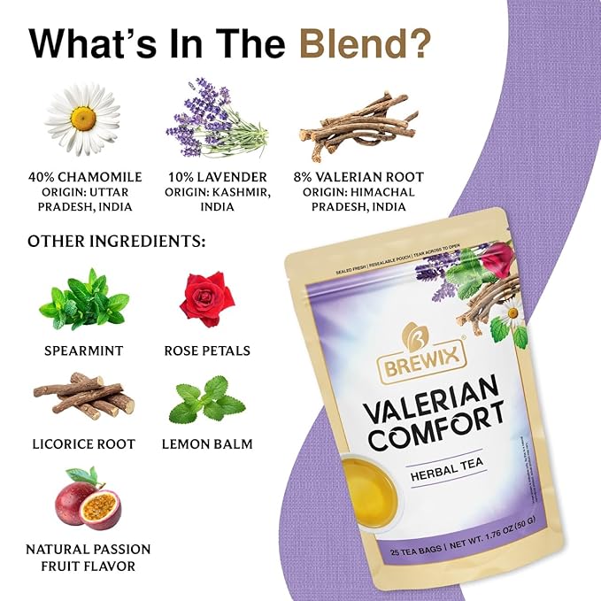 BREWIX, Valerian Comfort Tea for Sleep and Relaxation (25 Pyramid Bags) Caffeine-Free and Calming for Bedtime | Valerian Root, Chamomile & Lavender | Perfect Wellness Sleep - Bloomnest