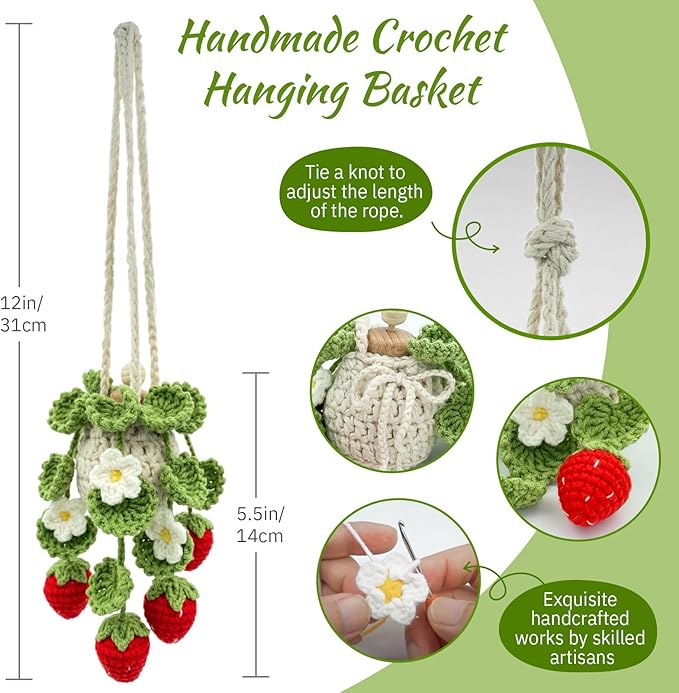 Crochet Car Air Freshener, 15ml Empty Refillable Oil Diffuser Bottle with Hanging Crochet Strawberry Plant for Car Rearview Mirror Air Freshener Diffuser for Home, and Office Decor - Bloomnest