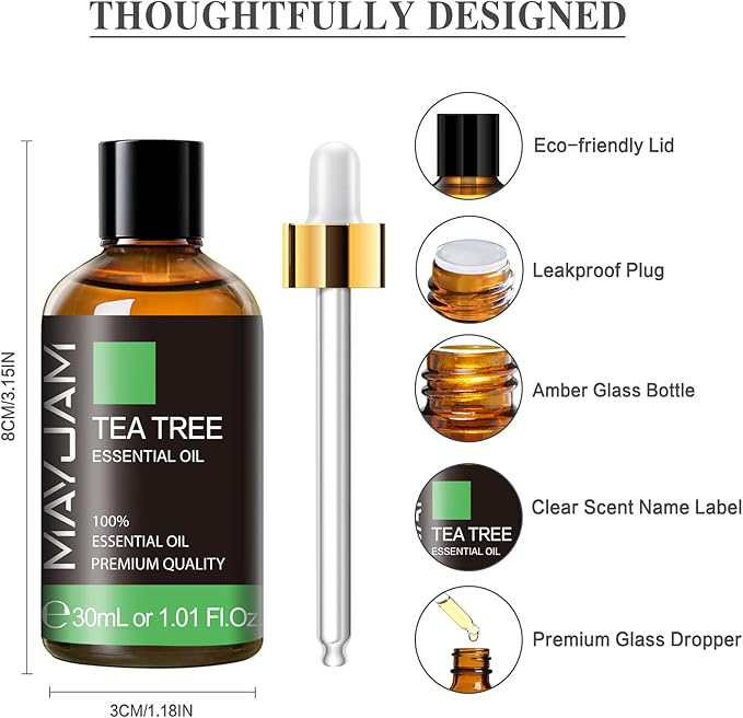 Tea Tree Essential Oil, MAYJAM Pure Essential Oils for Diffusers for Home and Office, 1.01FL.OZ Tea Tree Oil for Candle Making, DIY Soap, 30ML/Bottle - Bloomnest