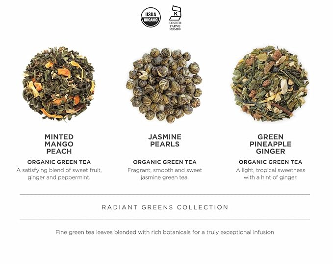 Teabloom Radiant Greens – Organic Green Tea Sampler with 12 Plant-Based Pyramid Sachets, Jasmine Pearls, Minted Mango Peach & Pineapple Ginger, Gift-Ready Presentation Box for Tea Lovers - Bloomnest