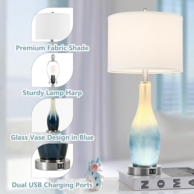 BesLowe 26in Tall Glass Table Lamps Set of 2 with 2 USB Charging Ports & LED Nightlight, Large Coastal Table Lamps for Living Room End Table, Modern Beach Lamps for Bedroom Bedside Nightstand, Blue - Bloomnest