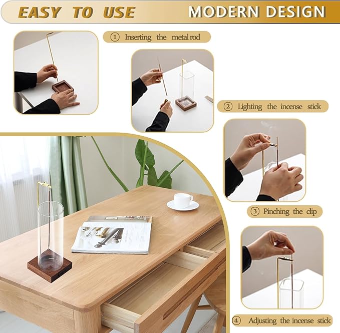 Ceremony Incense Holder, Wooden Incense Holder for Sticks with Glass Ash Catcher, Anti-ash Incense Burner with 20 Incense Sticks and a Ash Brush for Meditation Yoga Spa Room Decor - Bloomnest
