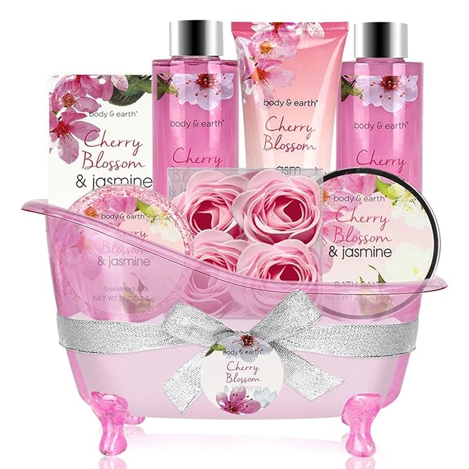 Body & Earth Gift Baskets for Women Bath and Body Set for Her, Cherry Blossom & Jasmine Spa Gifts for Women , Birthday, Mother's Day, Valentine's Day Gifts for Wife, Girlfriend, Mom