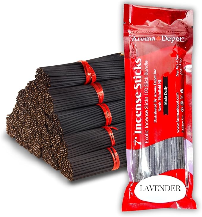Aroma Depot Lavender Most Exotic Charcoal 7'' Incense Sticks. Approx. 85 to 100 Sticks Per Bundle, Length - 7 Inches, Each Natural Stick Burns for 35 to 45 mins Each. Long Lasting. Guarantee 100% Pure AromaDepotInc