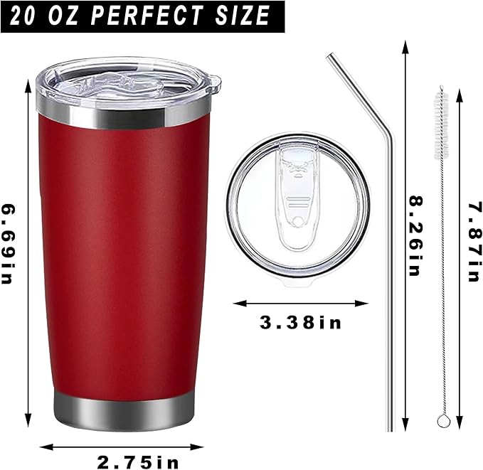 20oz insulted tumblers stainless steel cup Tumbler Bulk with push Lid, and metal straw powder coated coffee cup for cold and hot drinking (48, red) - Bloomnest