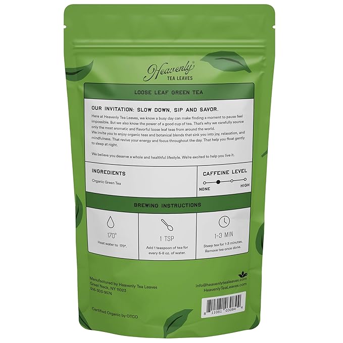 Heavenly Tea Leaves Organic Just Green, Bulk Loose Leaf Green Tea, 1 Lb. (Approx. 200 Servings) - Antioxidant Rich, Immune Boosting, Hot or Iced Tea, Great Natural Energy Source - Bloomnest