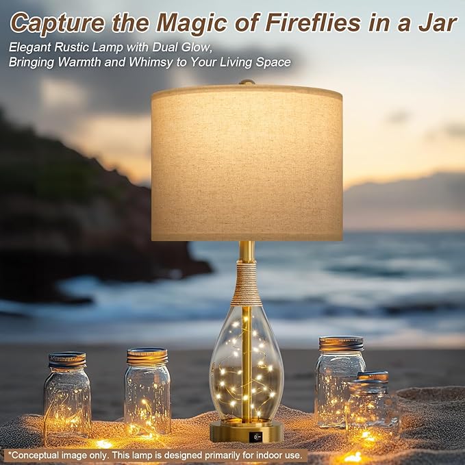 OYEARS 23" Table Lamps for Living Room Set of 2 Bedside Lamps for Night Stands Bedroom Lamps Farmhouse Rattan Boho Lamp Glass Nightlight End Table Lamp with USB C+A (Gold),Two Light Points - Bloomnest