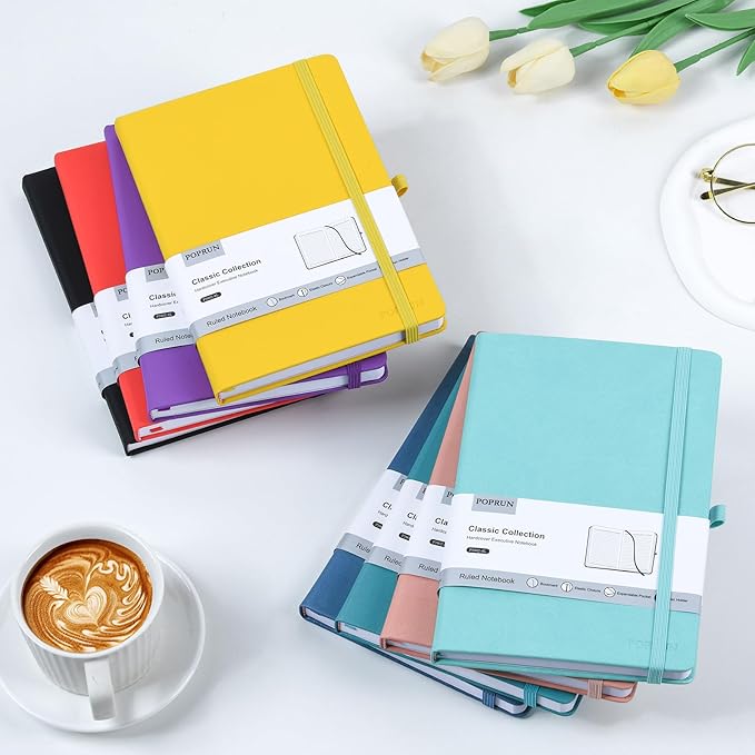 POPRUN A5 Lined Journal Notebooks, 8 Pack Leather Hardcover Thick Notebook for Writing, Business Work, Travel, School, College, 5.5 x 8.3 inch, 240 Pages Classic Ruled Journals Notepad, Multicolored - Bloomnest