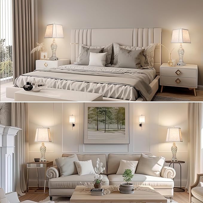 28.5" Table Lamps Set of 2 - Bedside Lamp with Fabric Shades - for Bedroom and Living Room with USB and Nightlight - Perfect for Nightstands and Bedrooms - Bloomnest