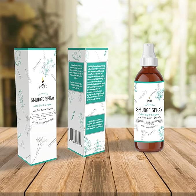 SOUL STICKS White Sage & Eucalyptus Smudge Spray – 3.5oz Smokeless Energy Mist with Quartz Crystals – Essential Oil Spray for Focus, Clarity, Aura Cleansing, Meditation, and Home Refreshing SoulSticks