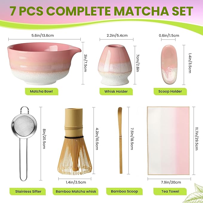 Matcha Whisk Set, Ceramic Matcha Set Desert Series, Matcha Bowl, Matcha Whisk and Holder, Bamboo Scoop, Scoop Rest, Sifter and Tea Towel 7 Pcs Matcha Kit for Birthday Christmas Gift (Pink) - Bloomnest