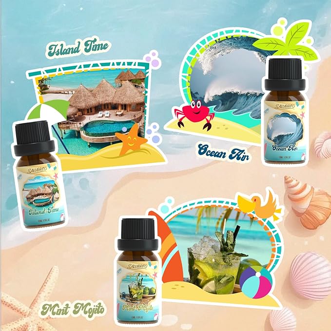 SALUBRITO Beach Fragrance Oils Set, Summer Essential Oils for Diffuser, Candle, Soap Making, Beachy Breeze, Sea Salt, Pink Island, Ocean Air, Island Time, Mint Mojito Scented Oil - Bloomnest