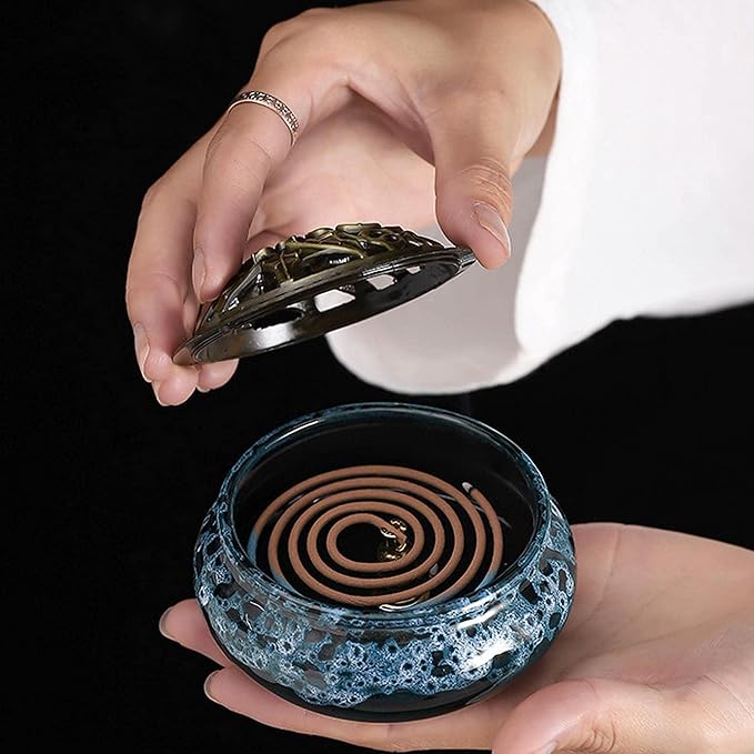Ceramic Incense Burner with Lid, Bowl Burner， Cone Incense Burner, Ceramic Censer Suitable for Incense/Cone/Coil/Sticks, There are 30 Incense Cones+ Metal Incense Holder+Fireproof Cotton Inside. - Bloomnest