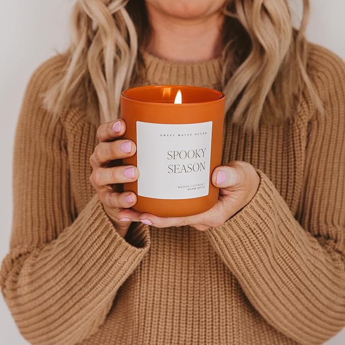 Sweet Water Decor Spooky Season Orange Scented Candle - Halloween Candles with Woods Warm Spice & Citrus Scent - 100% Cotton Wick Decorative Candles with 40 Hour Burn Time - 15oz Orange Jar Candle - Bloomnest