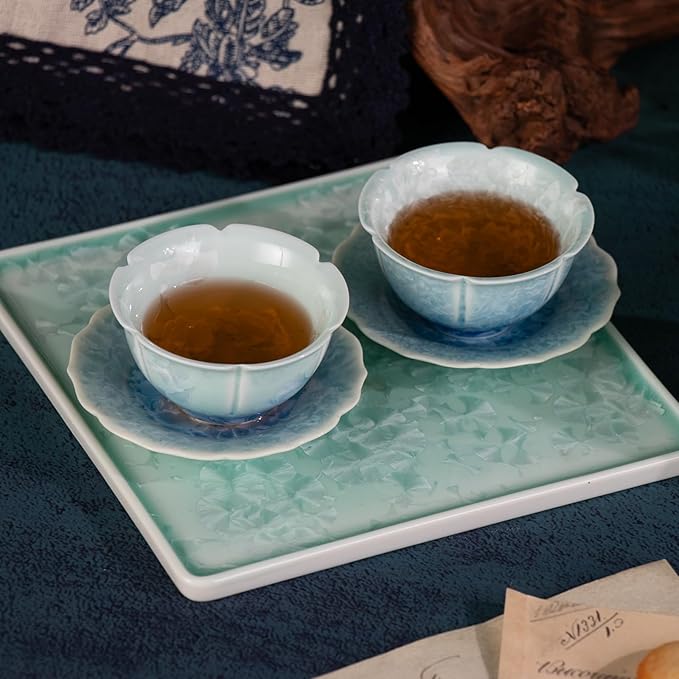 KAMMAK Tea Set Porcelain Tea Pot and Tea Cups Set, Blue and Green Gradient Asian Ceramic Tea Cups and Saucers Set, Chinese Gong Fu Tea Set (2 Saucer+ 2 Cups +1 Tea Pot + 1 Square Plate) - Bloomnest