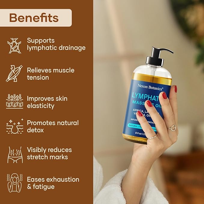 Lymphatic Drainage Massage Oil for Massage Therapy 8 fl oz - Refreshing and Relaxing - Natural Oils with Arnica, Vanilla and Lavender Oil - for Men and Women - Nexon Botanics - Bloomnest