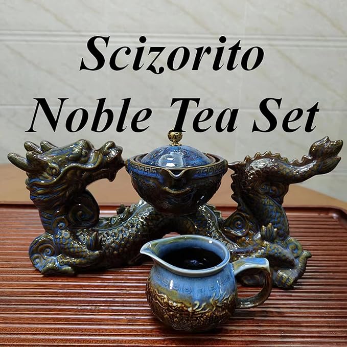 Chinese Gongfu Tea Set Gift Box, Chinese Dragon Shape, Pure Hand Firing, with 360Rotating Teapot and Infuser, Suitable for Office, Home, Gift (Dragon Feast)