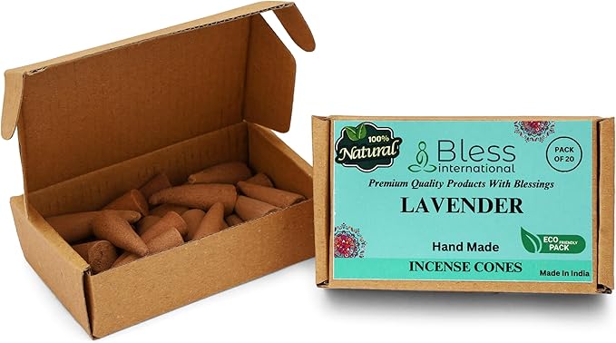 Bless International Lavender 100%-Natural-Incense-Cones Handmade-Hand-Dipped Organic-Chemicals-Free for-Purification-Relaxation-Positivity-Yoga-Meditation The-Best-scents (20 Count) BlessInternational