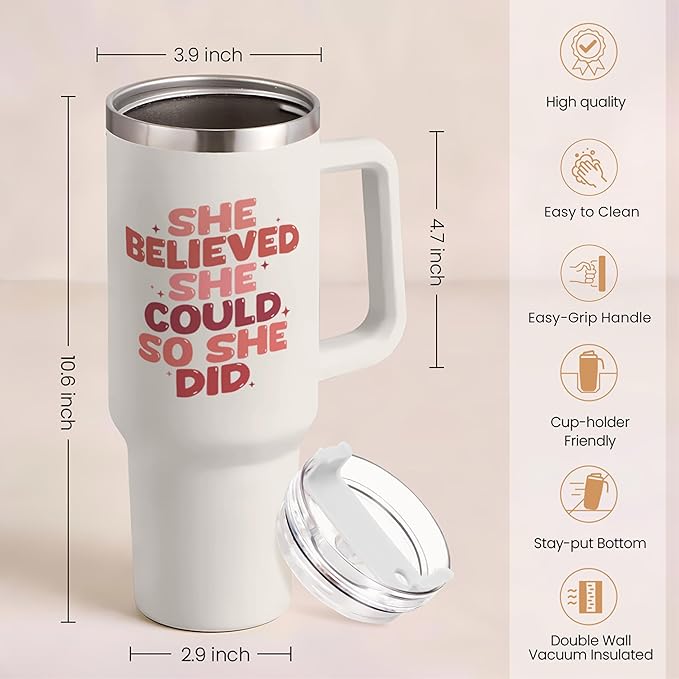 SANDJEST Graduation Gifts for Women She Believed She Could So She Did Tumbler 40oz Stainless Steel Insulated with Handle and Straw, New Job, Going Away, Inspirational Gifts for Her - Bloomnest