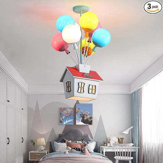 Kids House Shape Ceiling Light Colorful Balloon Wood Chandelier Cartoon House Shape with Acrylic lampshade Sputnik Ceiling Light for Girls Boys Kid's Bedroom (D16.5*H22.8IN (6 Light)) - Bloomnest