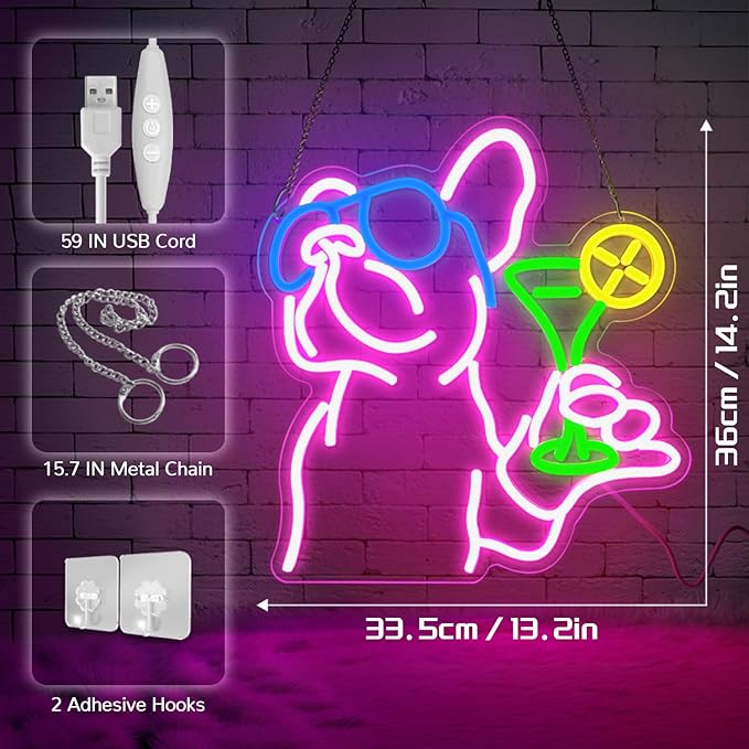 French Bulldog Drinking Cocktail Neon Sign,Bulldog Cocktail Bar Led Neon Signs for Wall Decor,Funny Dog Neon Light Up Sign,Neon Bar Signs for Bedroom Man Cave Party,French Bulldog Gifts - Bloomnest