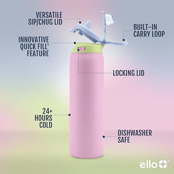 Ello Pop & Fill Insulated Stainless Steel Water Bottle with Quick Fill Lid, Leakproof Locking, Sip or Chug Spout, BPA-Free, Double Wall Vacuum Insulated for Sports, Travel & School- 22oz / 32oz / 40oz Ello