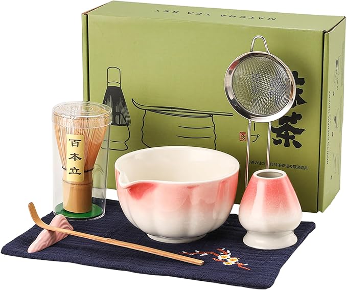 Matcha Whisk Set, 7-Pack Peach Pink Matcha Set - Include Petal Matcha Bowl with Spout, Bamboo Whisk, Chasen Holder, Sifter, Scoop, Tea Towel, Scoop Rest - Perfect Matcha Making Kit for Tea Lover - Bloomnest