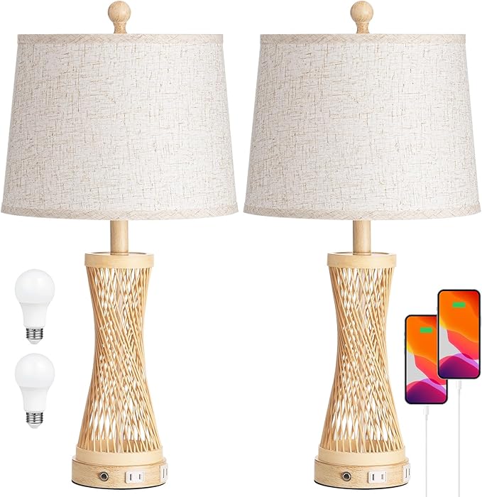 24.4” Farmhouse Rattan Table Lamps Set of 2, Touch Bedside Lamps for Bedroom with 3-Way Dimmable Night Light, USB A+C Charging Ports, Bamboo Boho Nightstand Lamp with Beige Linen Shade H04TL05 - Bloomnest