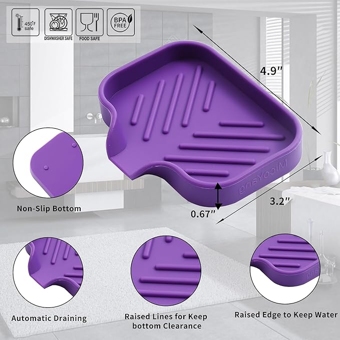 Silicone Bathroom Soap Dishes with Drain Spout-Bathroom and Kitchen Sink Organizer,Sponge Holder,Dish Soap Tray,Perfect for Dispenser,Scrubber,Bottle,Cup on Sink or Counter-Purple 4.9"×3.2" - Bloomnest