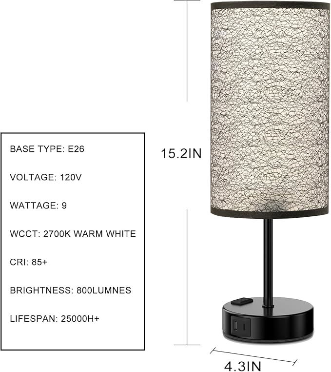 Table Lamp for Bedroom with Touch Control,Bedside Lamp with USB C+A Charging Ports& AC Outlets, Adjustable 3color LED Light for Home Decor/Nightstand/Bedroom/Office,Included Bulb - Bloomnest