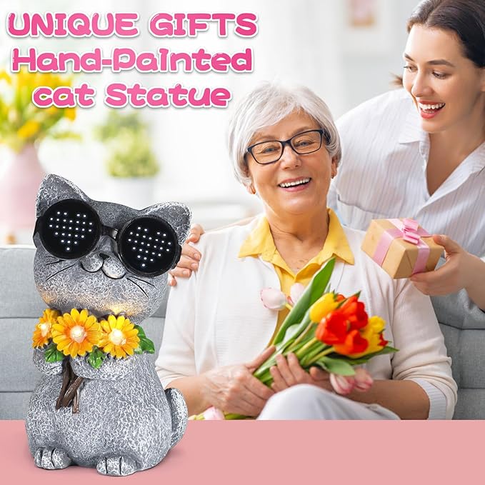 Solar Garden Statues Cat with Daisy and LED Lights Birthday Gifts for Women Mom Grandma Solar Outdoor Decor for Patio Backyard Yard Lawn Decoration-Unique Housewarming Gifts - Bloomnest