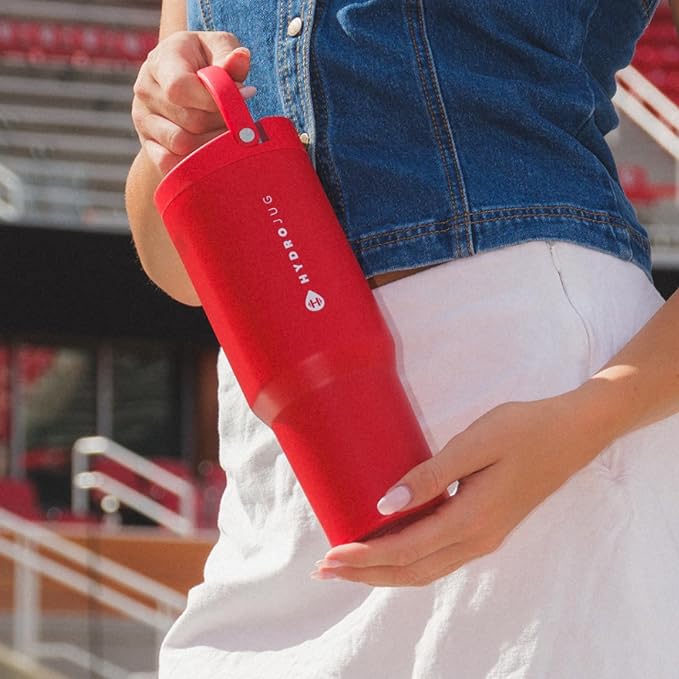 HydroJug Sport - Stainless Steel Tumbler with Straw, Vacuum Insulated, 32oz Leakproof Water Bottle, Ergonomic Design, Reusable, Dishwasher Safe, Rubber Base, Durable for Gym or Outdoors, Alumni Red