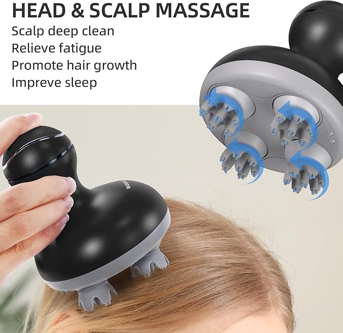 cotsoco Electric Scalp Head & Back Massager, Cordless Hair Massage Waterproof Head Massager with 4 Heads 84 Nodes for Hair Growth, Stress Relief & Deep Clean, Gifts for Men Women, Black cotsoco