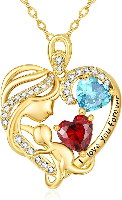 14K Gold Double Birthstone Heart Necklace for Women Mom, Mother Son/Daughter Pendant Necklace for Christmas Mother's Day Birthday Gifts for Wife Daughter Grandmom - Bloomnest
