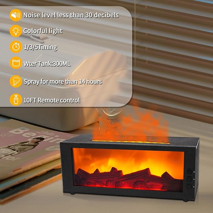 BOHOFAM Fireplace Essential Oil Aroma Diffuser,Flame Air Humidifiers 300ML,14-Hour Runtime,Colorful Flame Diffusers for Home,Included 4 * 10ML Hotel Collection Diffuser Oils for Bedroom(Black) - Bloomnest