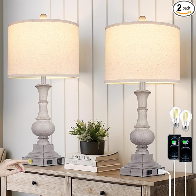 Farmhouse Lamps Set of 2, 26" Vintage Rustic Touch Control Bedside Lamp with USB A+C Ports & AC Outlet, 3-Way Dimmable Boho Nightstand Lamp Washed Resin Linen Fabric Shade for Living Room Bedroom Grey - Bloomnest