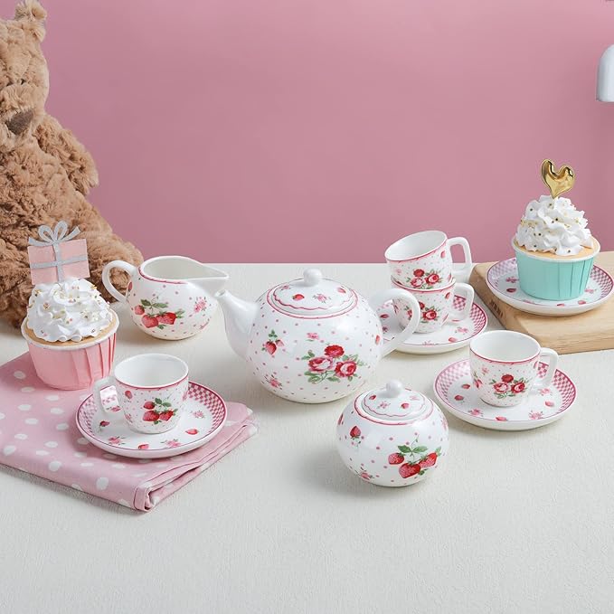 fanquare Pink Roses Porcelain Tea Set for Little Girls, Small Floral Tea Set with Box for Kids Party - Bloomnest