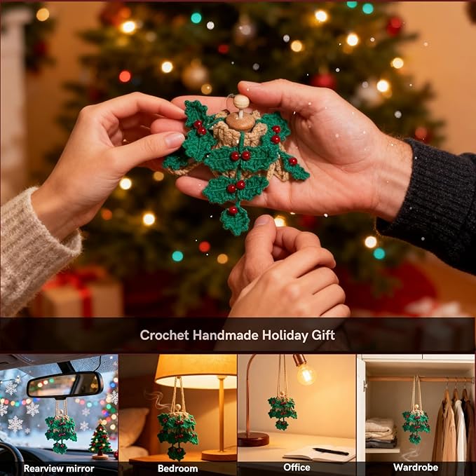 Handmade Crochet Car Air Freshener - Crochet hanging holly plants with 12ml Empty Refillable Oil Diffuser Bottle, Green Car Accessory for Mirror Decor and Home Decor - Bloomnest