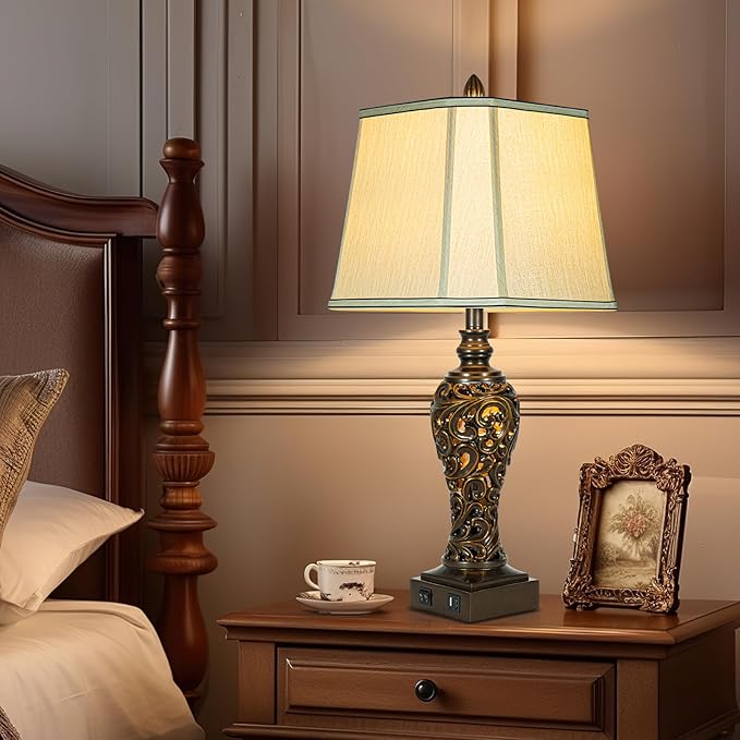 28.5" high Vintage Brown Table Lamps Set of 2 - Bedside Lamp with Faux Silk Shades - for Bedroom and Living Room with USB and Nightlight - Perfect for Nightstands and Bedrooms (Bulb Included) - Bloomnest