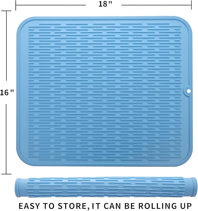 Silicone Dish Drying Mat for Multiple Usage,Easy clean,Eco-friendly,Heat-resistant Silicone Mat for Kitchen Counter or Sink,Refrigerator or Drawer Liner Light Blue XL 18 inches x 16 inches - Bloomnest