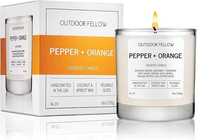 Outdoor Fellow Pepper + Orange Candle, 8oz, Coconut & Apricot Wax Blend, Bergamot, Neroli, Chili Pepper, 40+ Hour Burn Time, Citrus Scented Candle, Vibrant Home Fragrance - Bloomnest