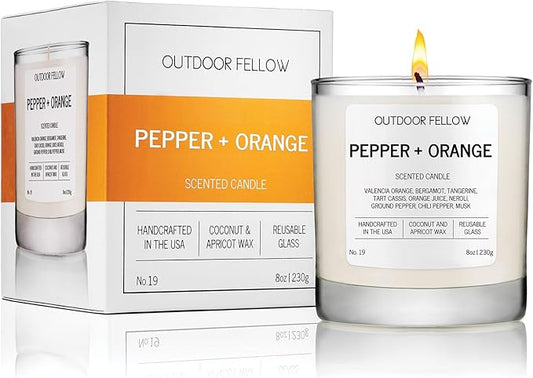 Outdoor Fellow Pepper + Orange Candle, 8oz, Coconut & Apricot Wax Blend, Bergamot, Neroli, Chili Pepper, 40+ Hour Burn Time, Citrus Scented Candle, Vibrant Home Fragrance - Bloomnest