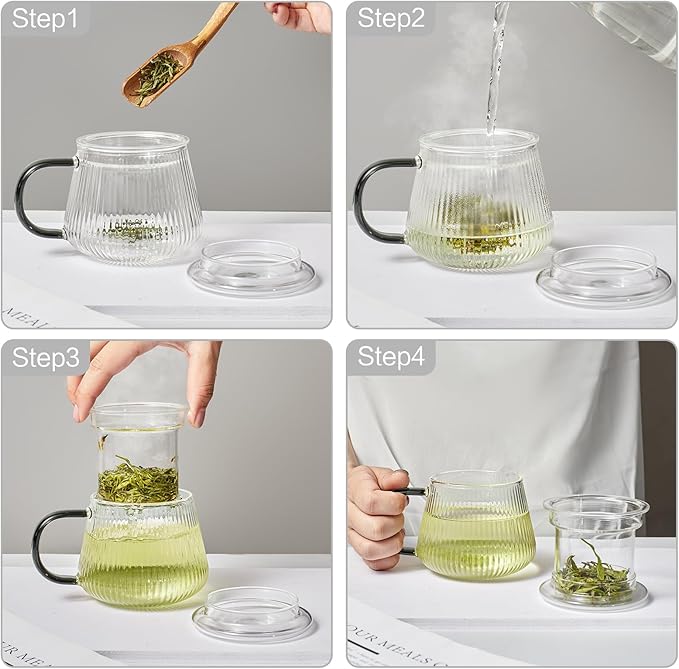 Lezero Tea Infuser Cup with Filter and Lids, Borosilicate Glass Mugs with Strainer for Blooming & Loose Leaf, Lead-free, Microwave & Dishwasher Safe, 14oz - Bloomnest