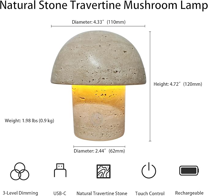 Natural Stone Mushroom Lamp - Handcrafted Travertine Night Light, Rechargeable with Type-C, Dimmable LED Accent Light for Bedroom & Living Room - Bloomnest