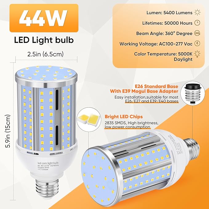 44W LED Corn Light Bulb(6 Pack),Fanless,(390 Watt Equivalent) E26/E39 Medium/Large Mogul Base LED Cob Lamp 5000K Daylight 5,900LM for Outdoor Indoor Garage Warehouse Factory Workshop Street Backyard - Bloomnest
